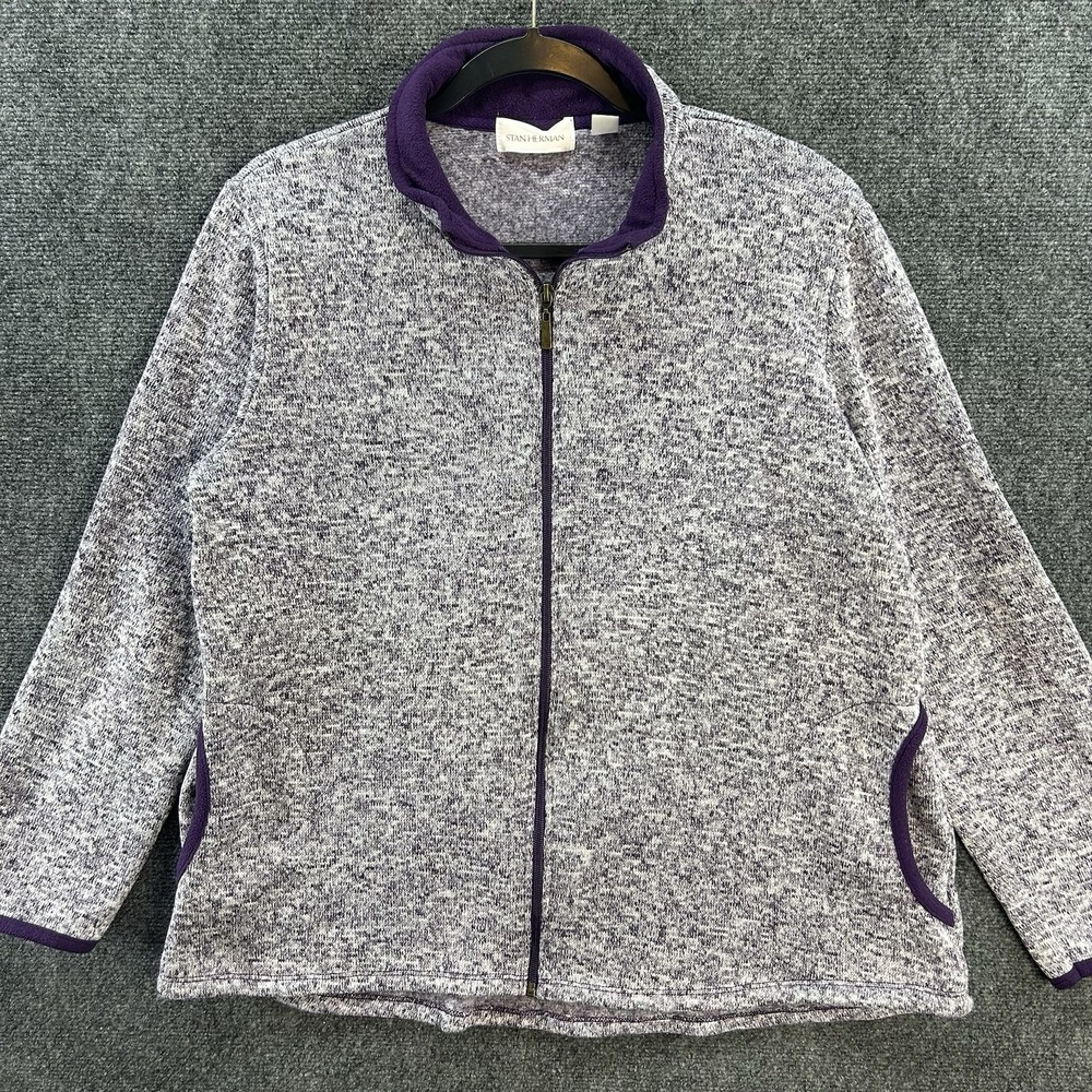 Stan Herman Womens Large Full Zip Fleece Jacket Purple Gray Comfort Cozy Outdoor